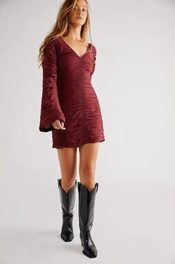 New FREE PEOPLE Western Romance Long Sleeve Mini Dress  $448 X-SMALL Red
